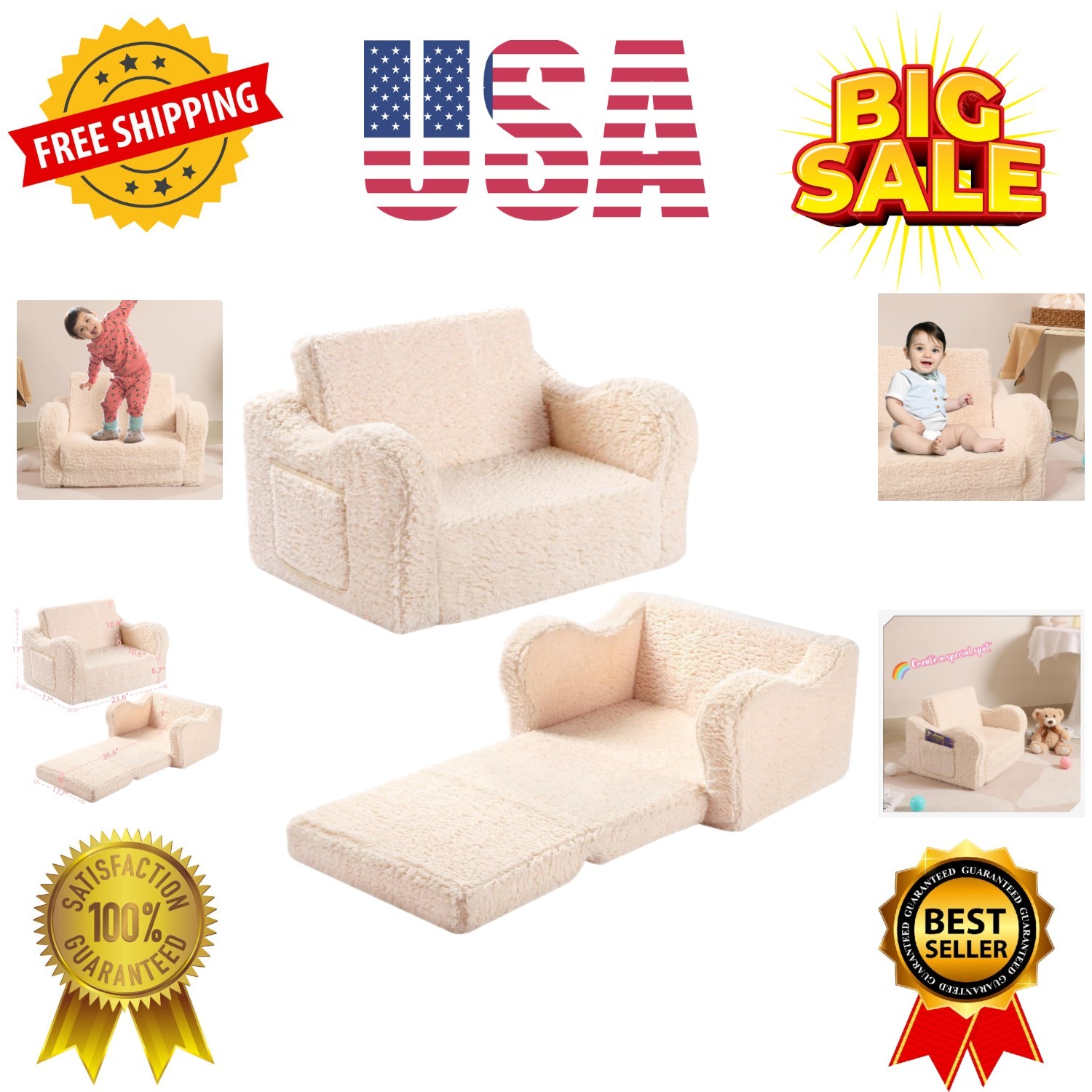 Kids Sofa, 2-in-1 Flip-Out Foam Couch with Soft Sherpa Cover, Cozy Play Loung...