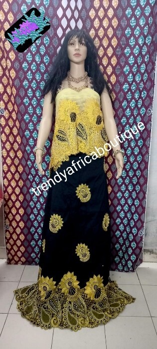 Black/yellow embriodery & crystal stones Taffeta George Nigeria parties. 7yds