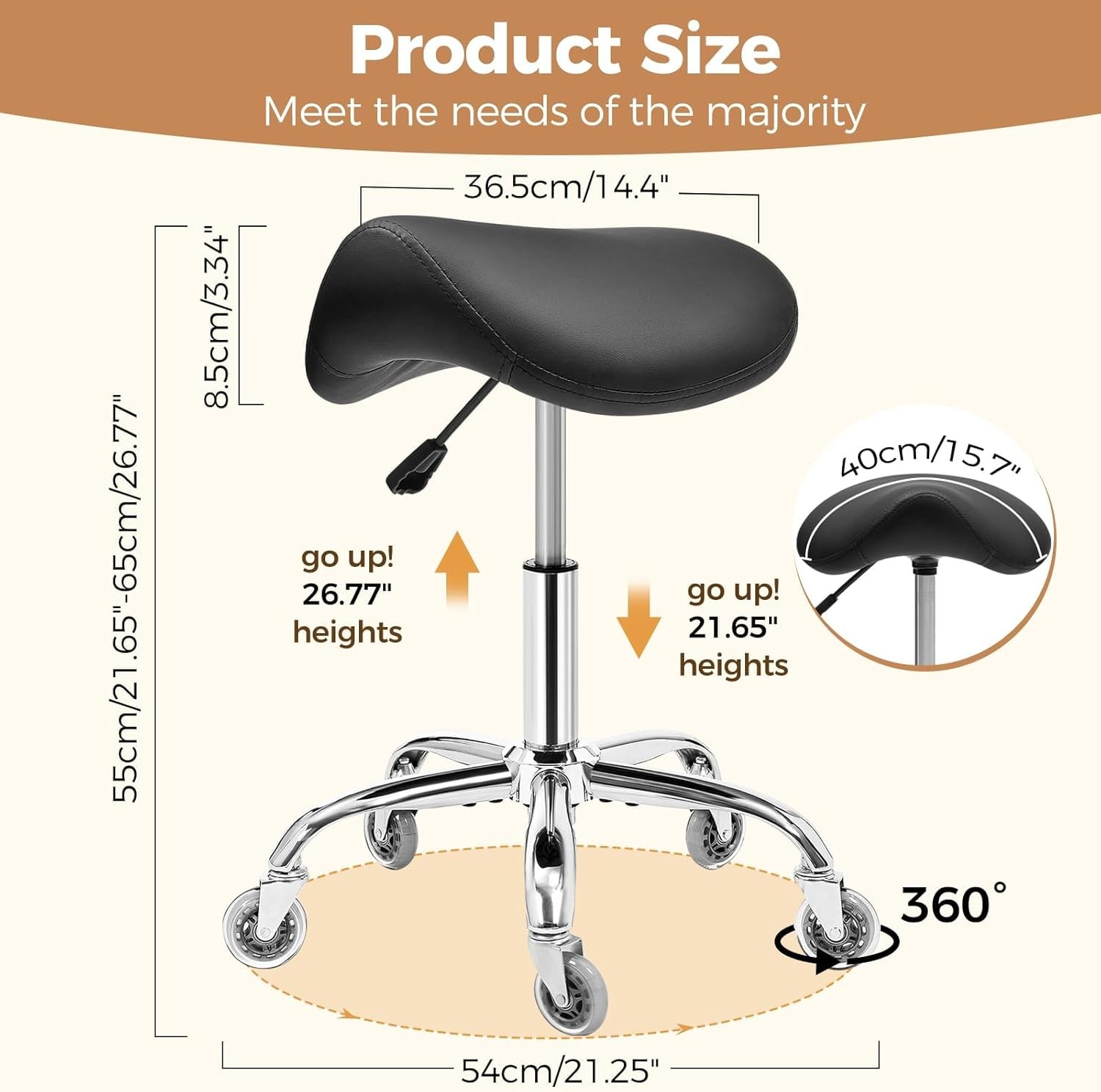Ergonomic Rolling Saddle Stool Height-Adjustable Rolling 360° Swivel Saddle