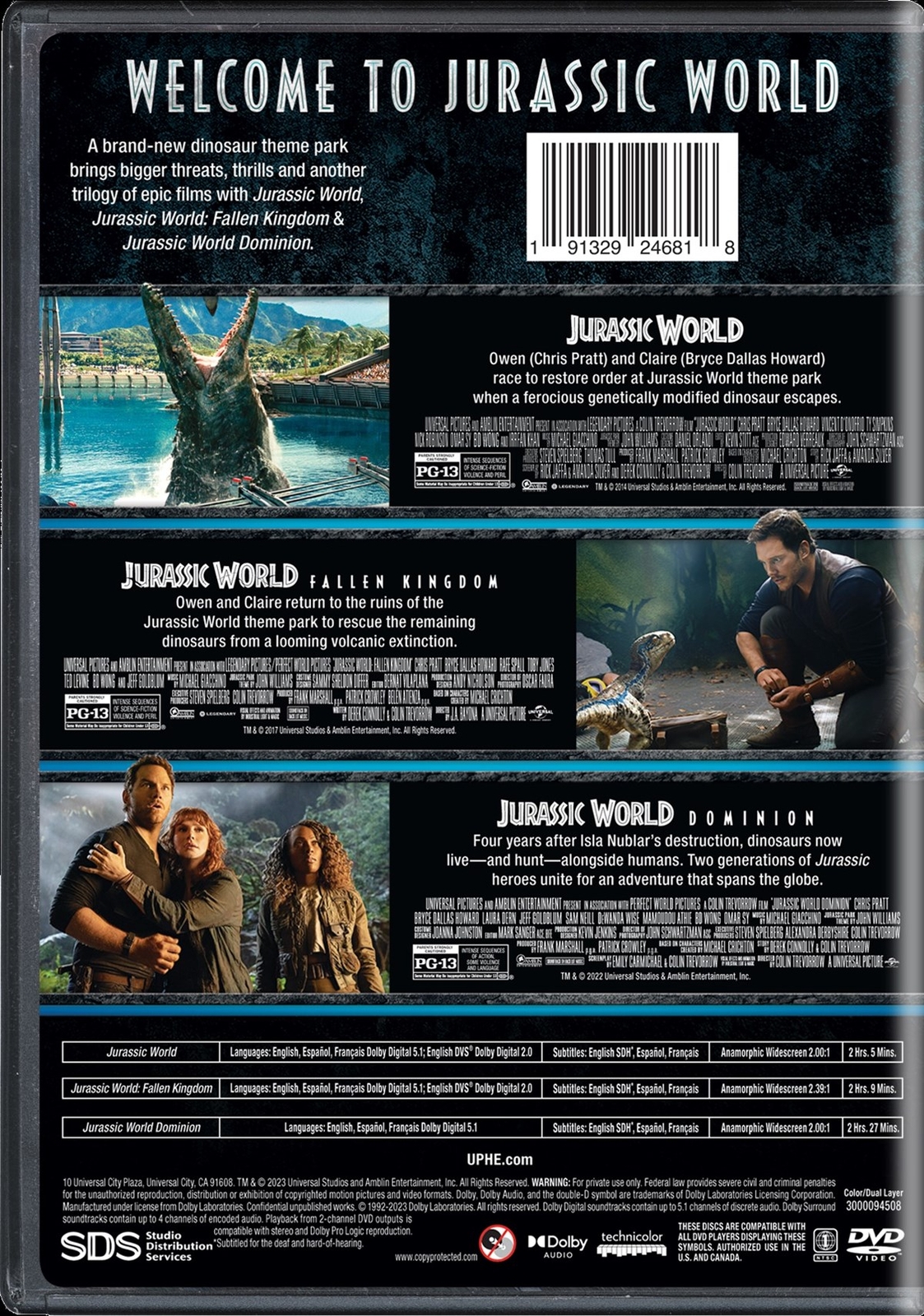 Jurassic World Trilogy DVD Chris Pratt NEW