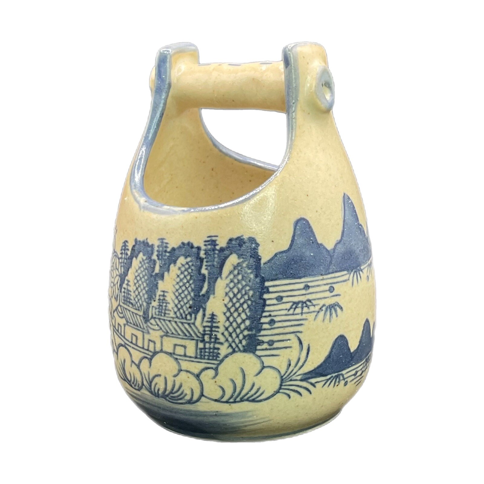 Asian Hand Painted Stoneware 4.5"  Well-Shaped Planter w/ Rural Scene in Blue