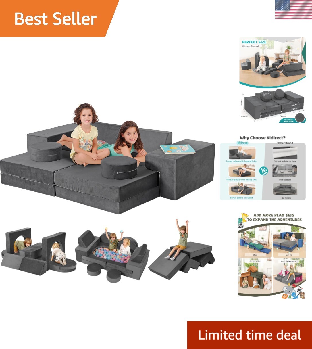K12 DIY Convertible Kids Couch - Stylish Foam Playroom Sofa for Boys & Girls