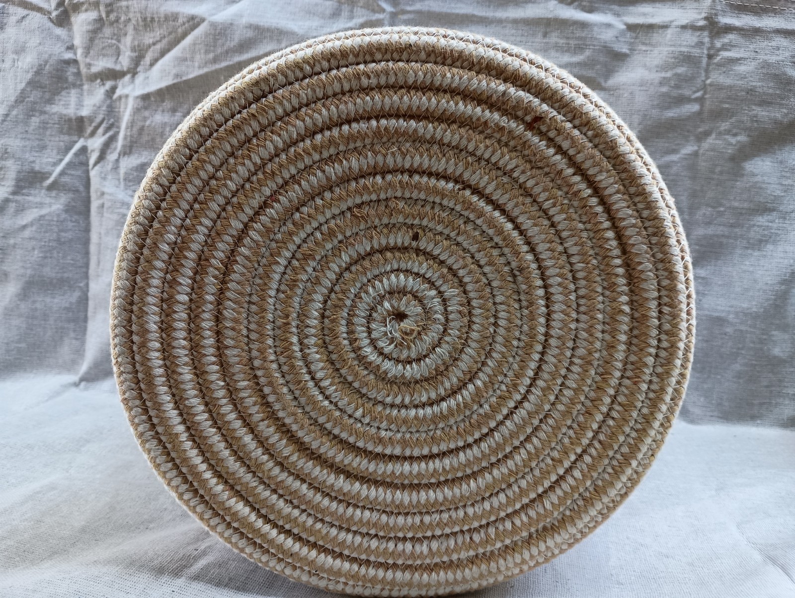 Round Woven Fabric Basket with Leather Handles