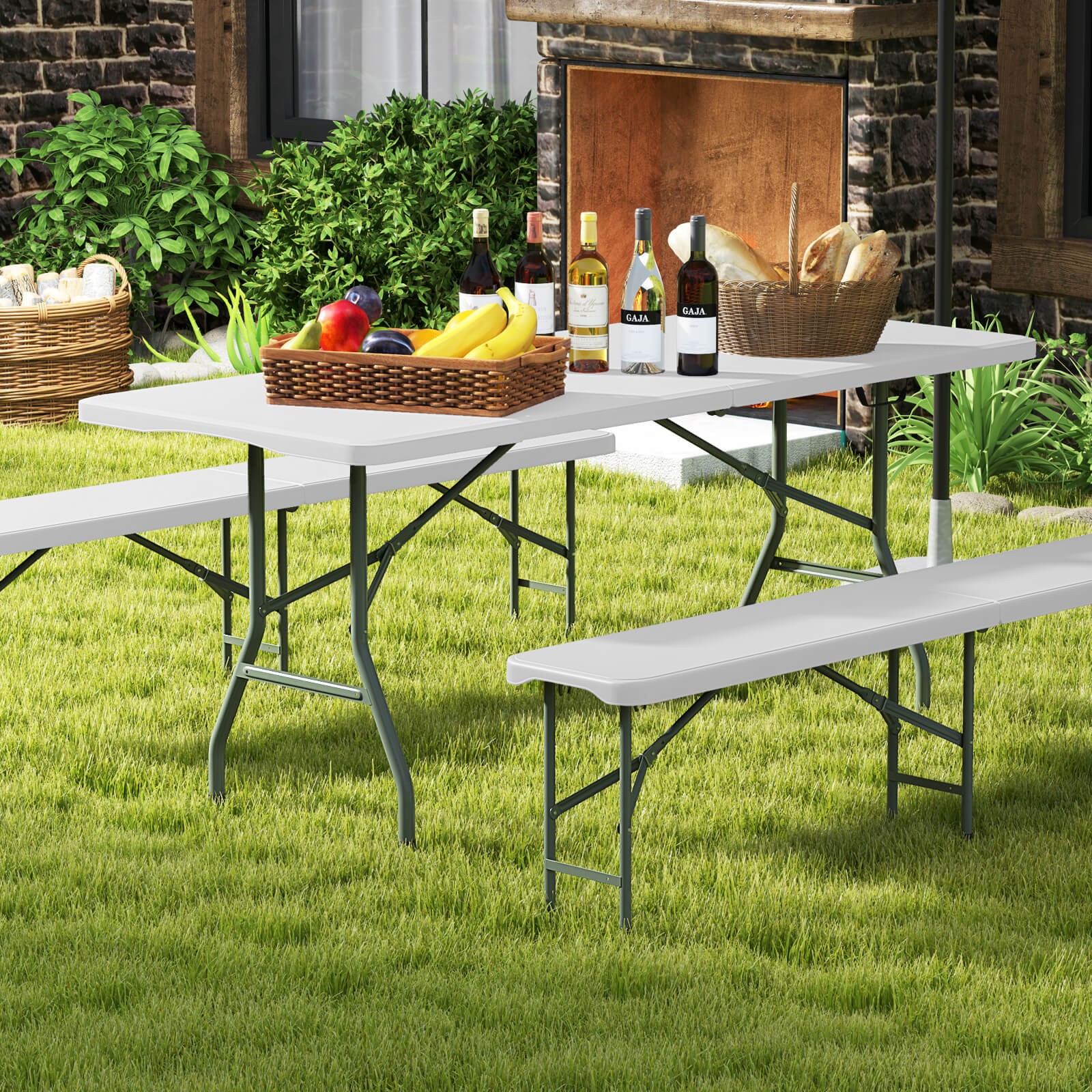 3 PCS Folding Picnic Table Set with 6 ft Table & 2 Benches HDPE Tabletop Bench