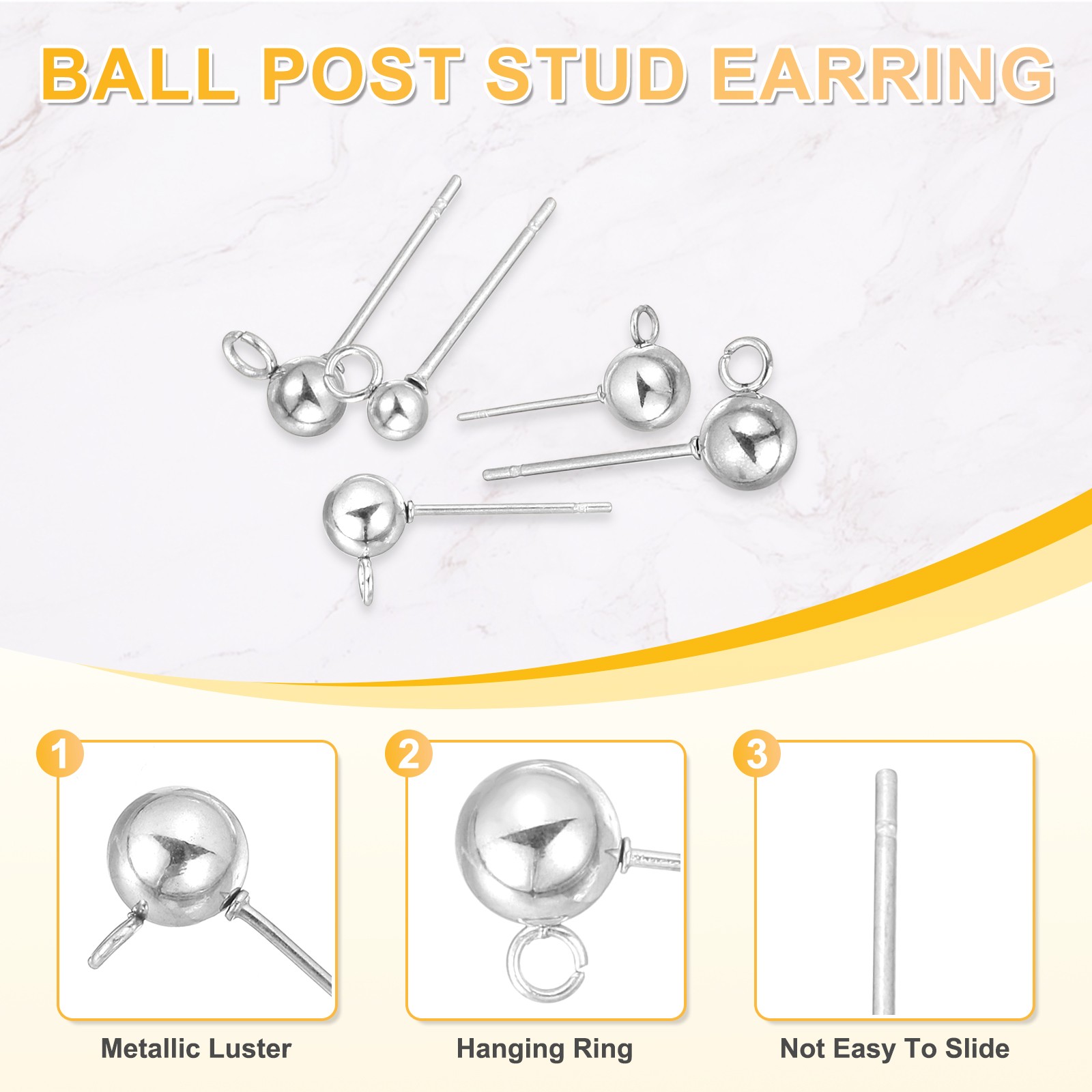 20Pcs Ball Post Stud Earrings, 15x3mm Round Ear Pin with Vertical Loop, Silver