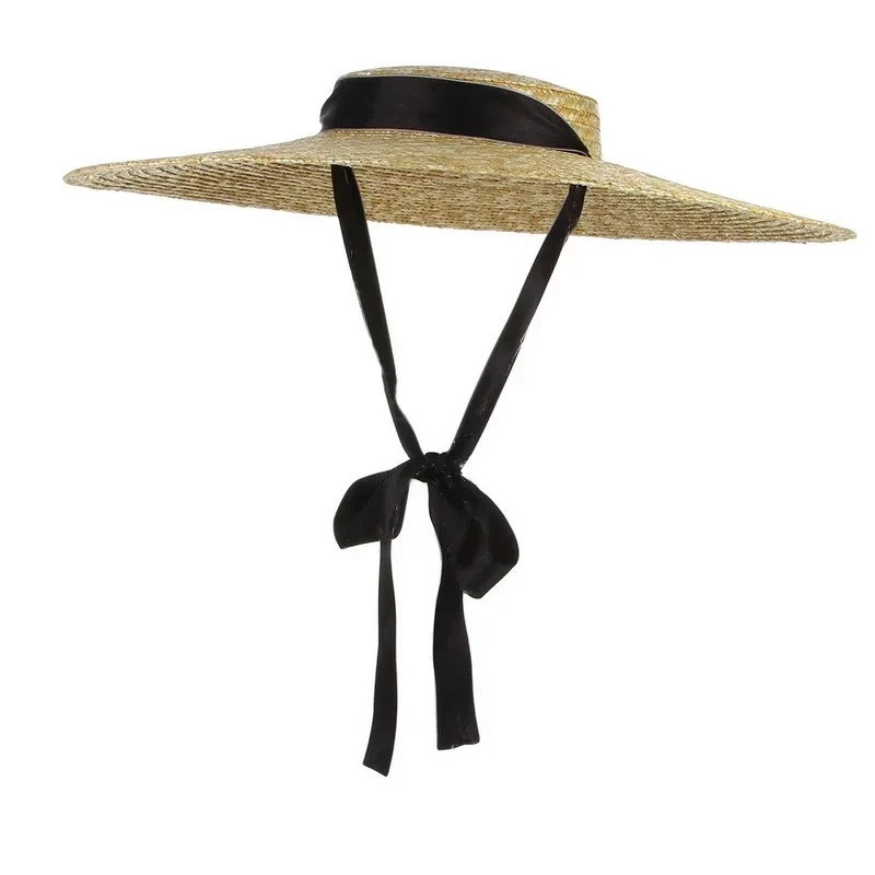 Women Large Wide Brim Straw Summer Hats Ribbon Beach Cap Boater Flat Top Sun Hat