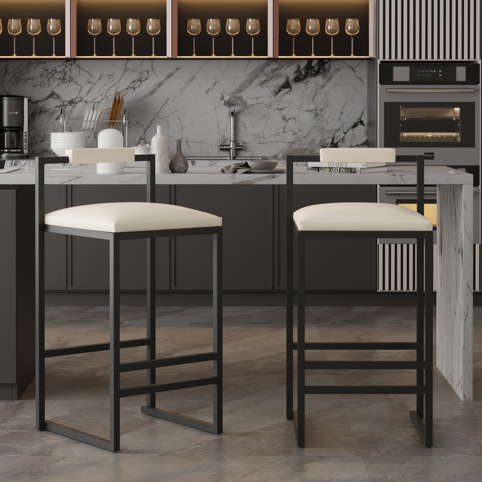 Set of 2 Barstools Faux Leather Upholstered Bar Stools Modern Metal Frame Dining