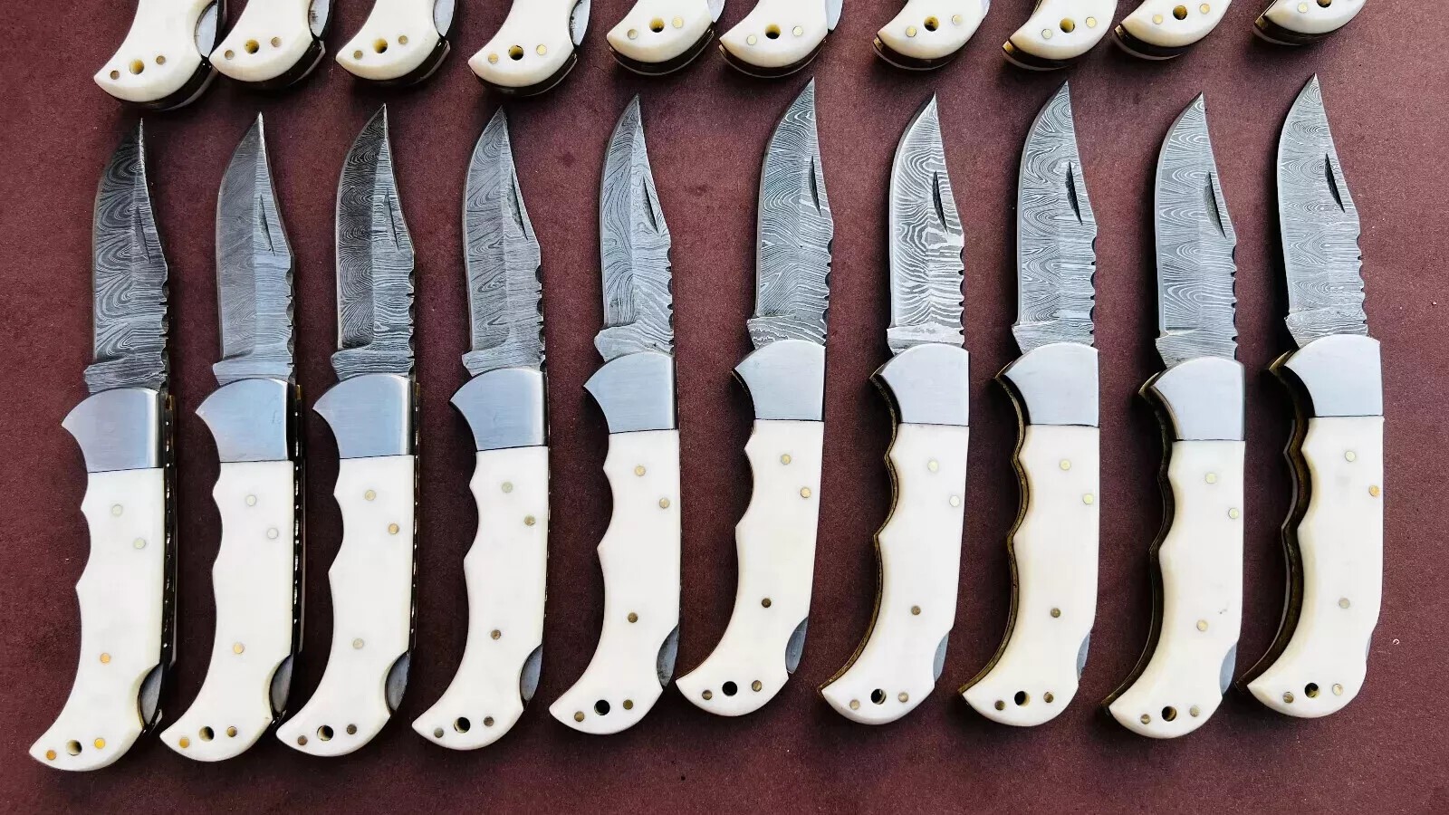 SET OF 30PCS HANDMADE DAMASCUS FOLDING KNIVES, BONE HANDLE & SHEATH