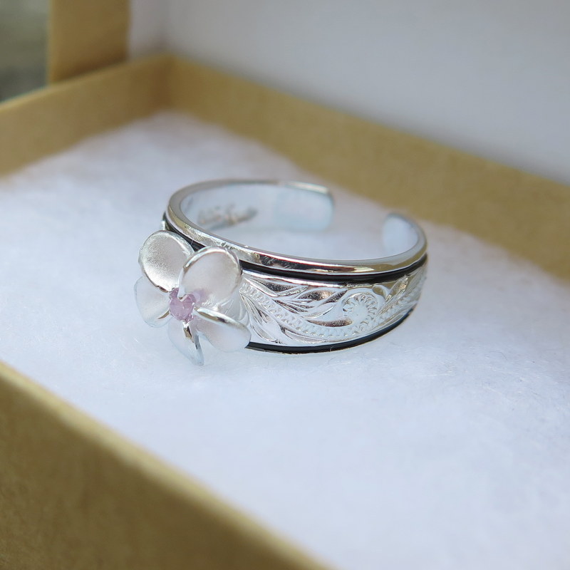 Sterling Silver Pink CZ Plumeria Hawaiian Scroll Black Border 6mm Band Toe Ring