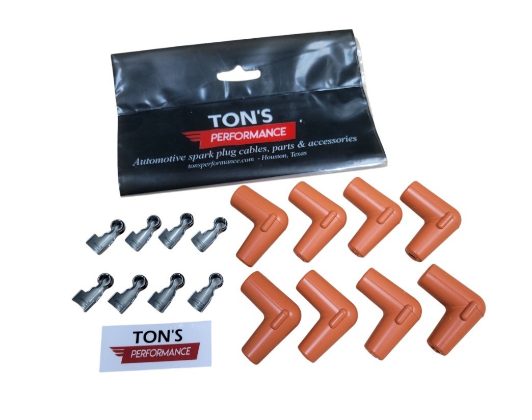 Set of 8 Orange Race High Temp Spark Plug Wire 90 right angle Boot Terminal Kit
