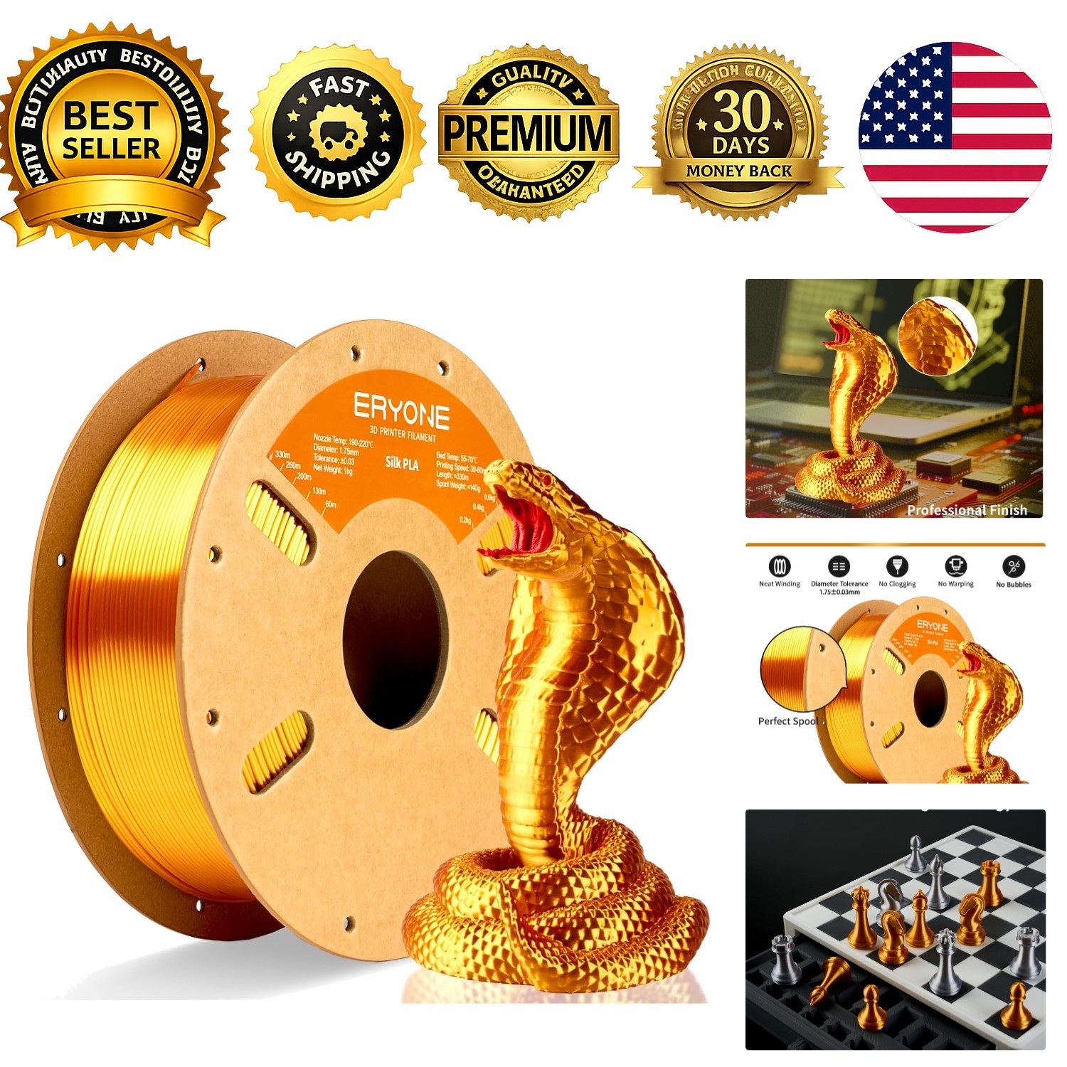 Silk PLA Filament for 3D Printer 1.75mm +/- 0.03mm, Shiny Filament 1kg 2.1lbs...