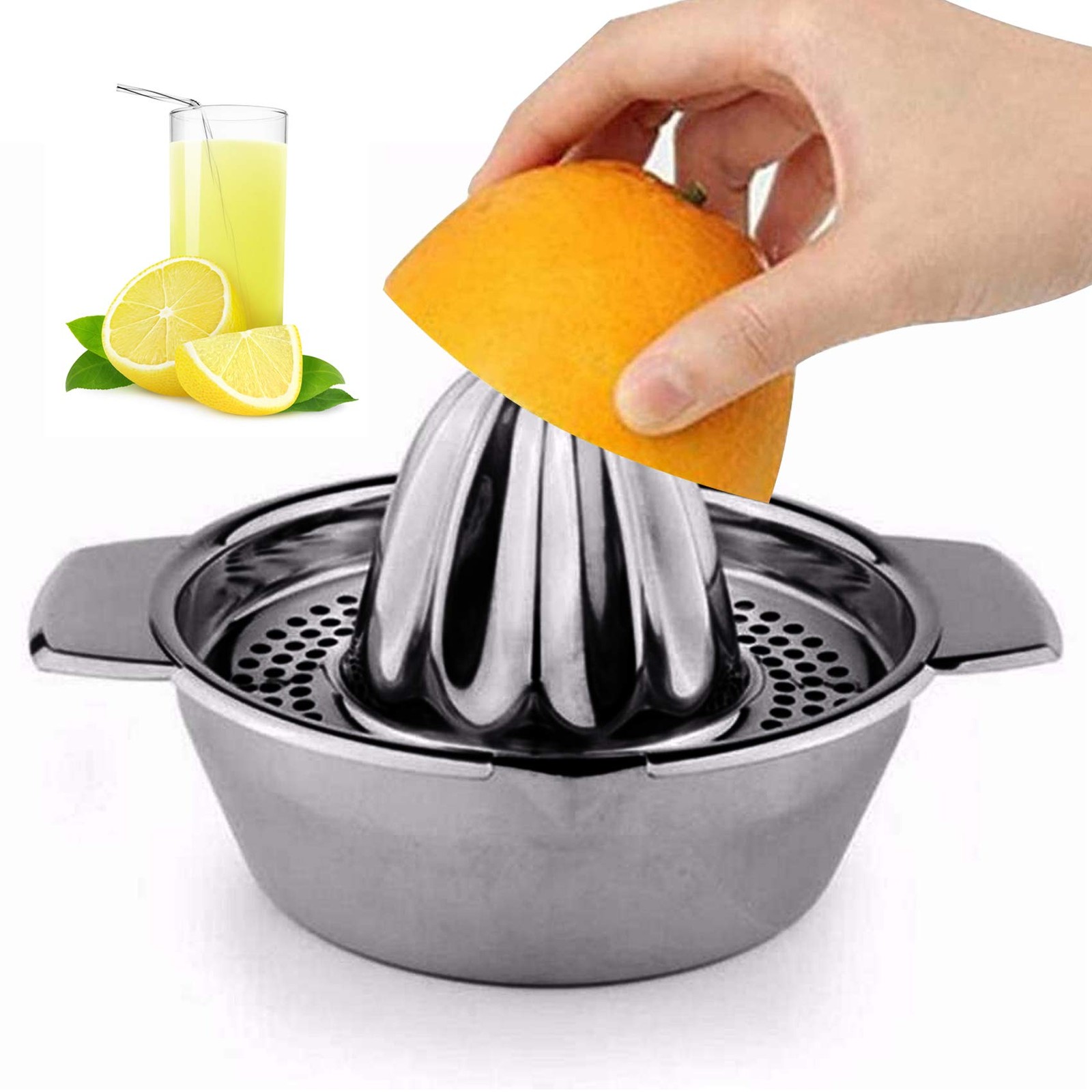 Stainless Steel Squeezer Citrus Juicer Handheld with Bowl Storage Container