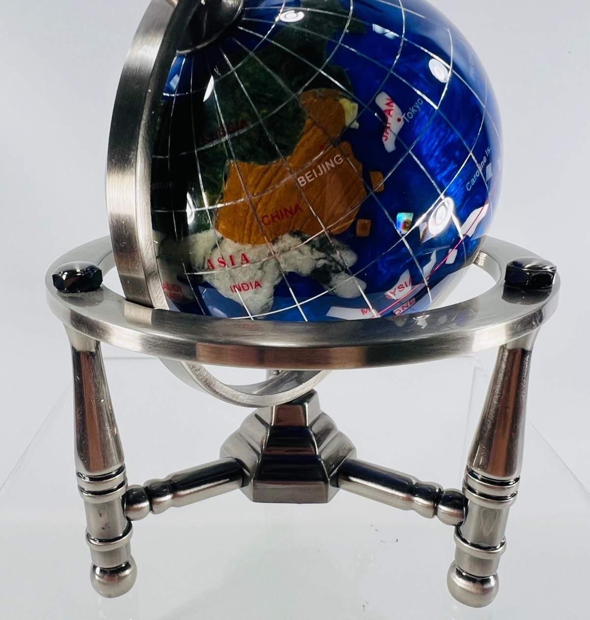 6" Mini black Gemstone World Globe with Silver Stand Tripod Office Desk Decor