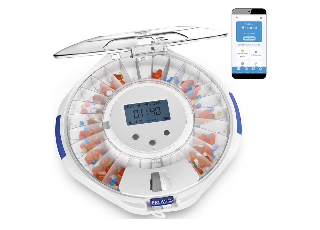 Adamson TimelyMed Smart Pill Dispenser Machine with Alarm + WiFi App Monitoring
