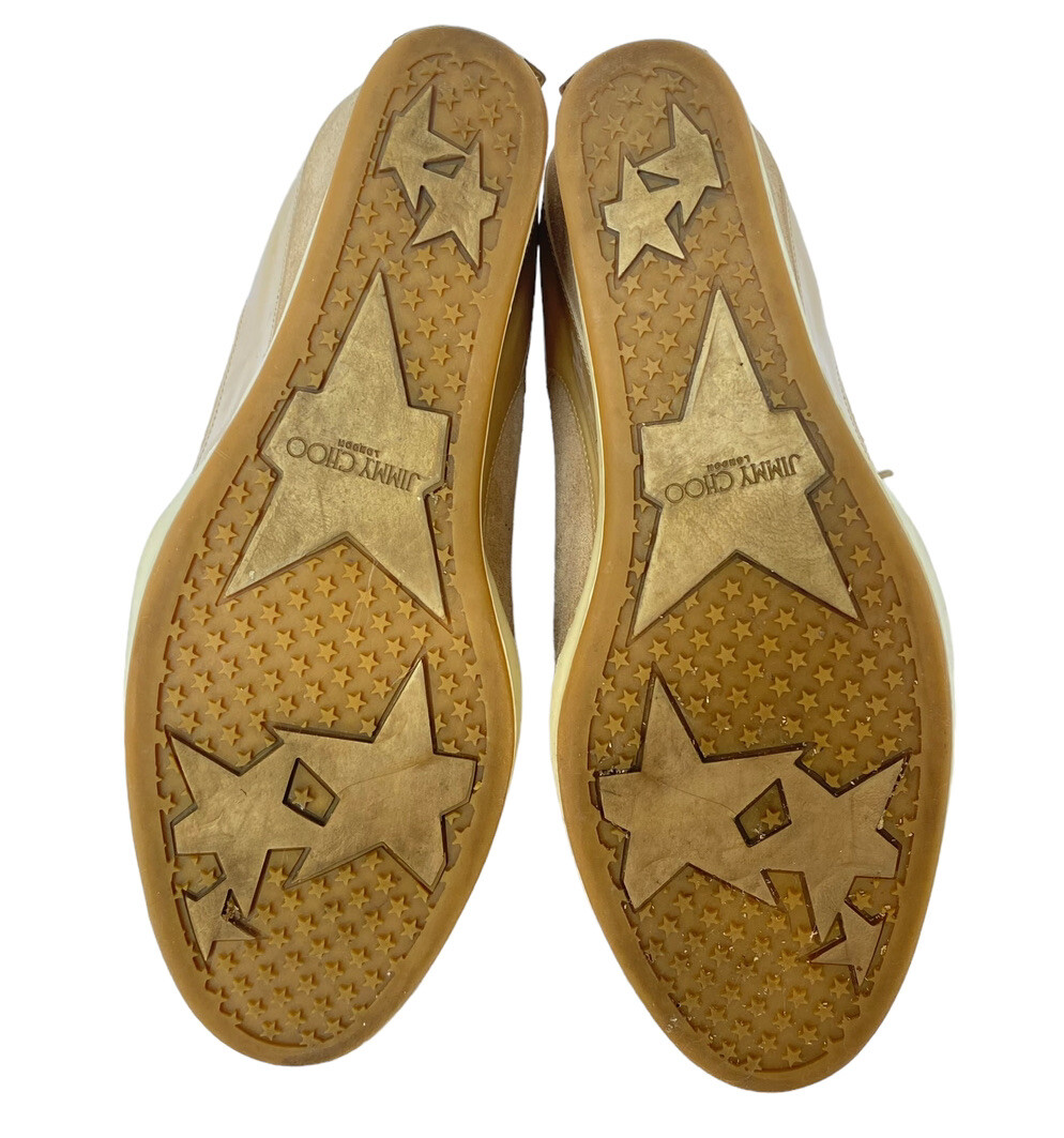 JIMMY CHOO Panama Beige Suede & Patent Leather Wedge Sneakers, Size 36.5