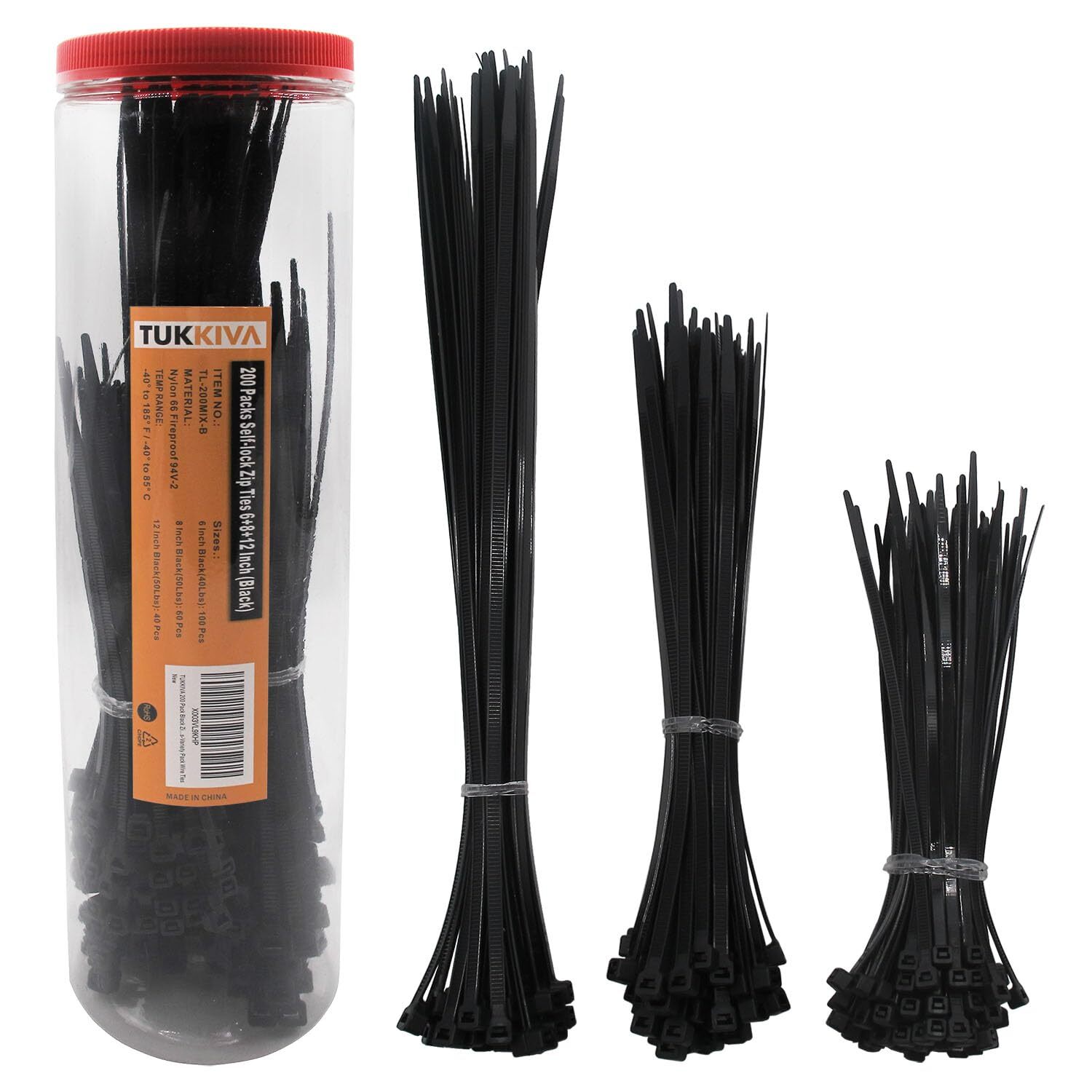 200 Pack Black Zip Ties Assorted Sizes 6+8+12 Inch Heavy Duty Cable Ties Variety