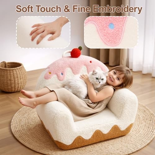Toddler Chair for Ages 1–6, Soft Sherpa Kids Sofa with Book Pocket & Ice Cream