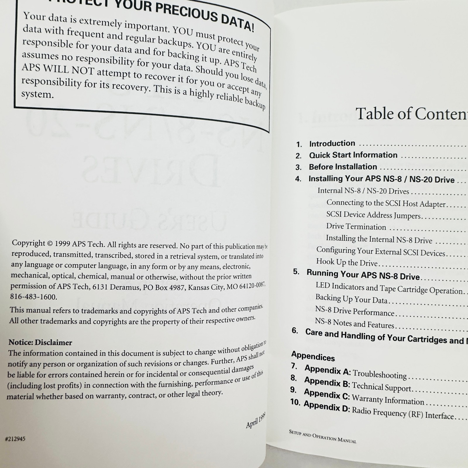 Replacement Manual For APS Tech APS NS-8 / NS-20 Tape Backup Drive