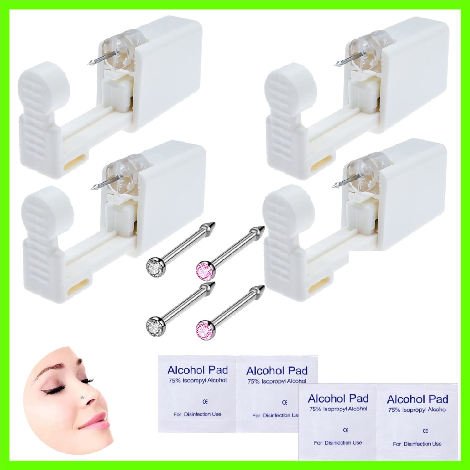 4-Pack Disposable Self Piercing Kit with Built-in Nose Studs, Very Safe Pierc...