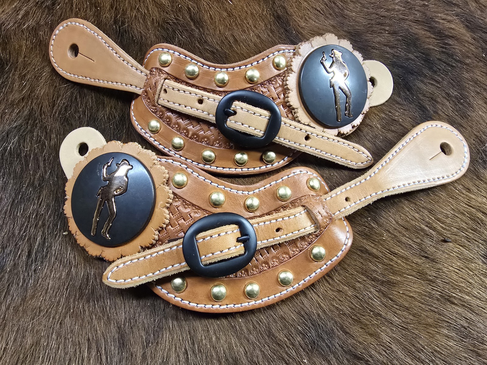 Spur Straps. Mens. Hand Made In The USA . Cowgirl With Six Shooter Side Concho