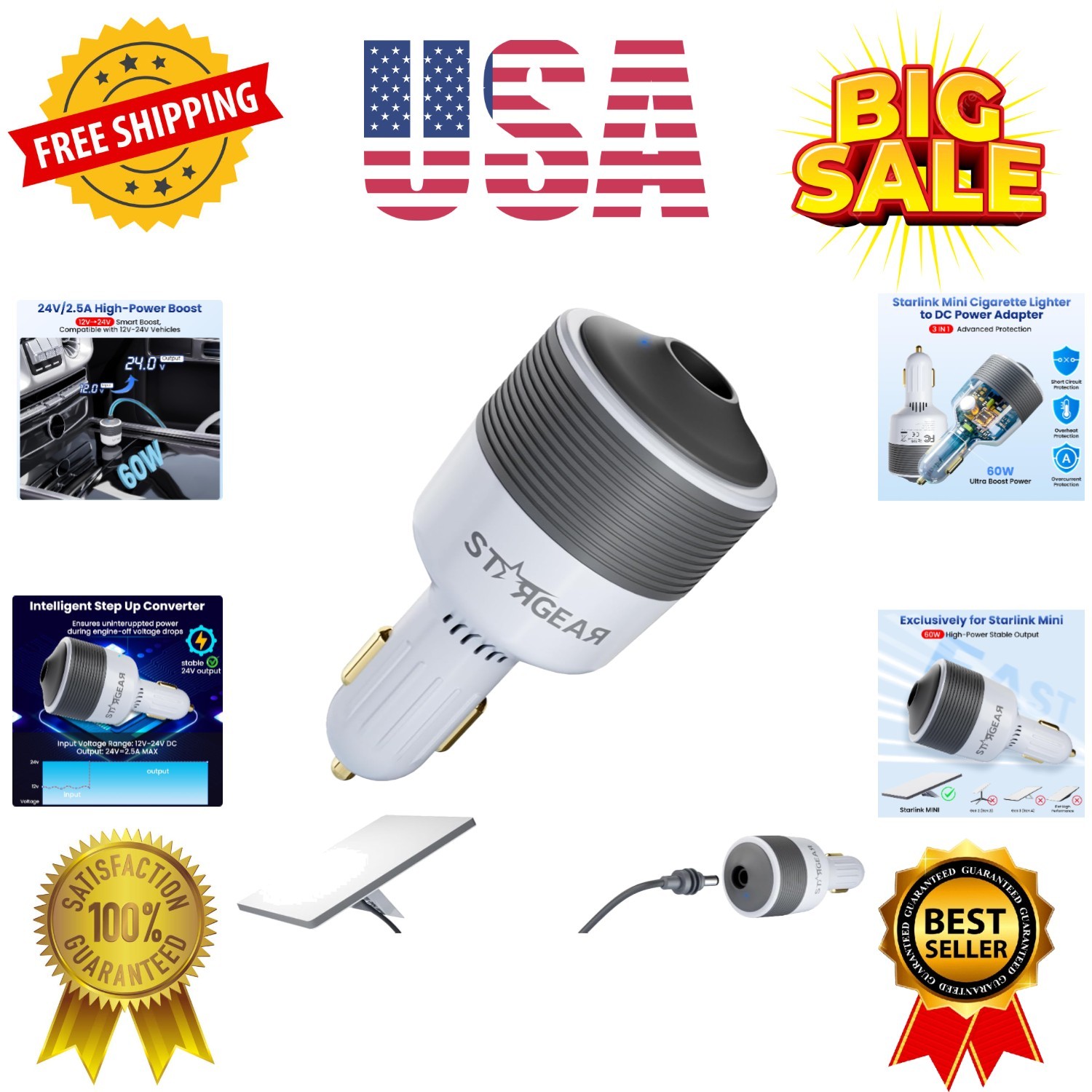 Starlink Mini Car Adapter 12V to 24V DC Step Up Converter with 60W Car Cigare...
