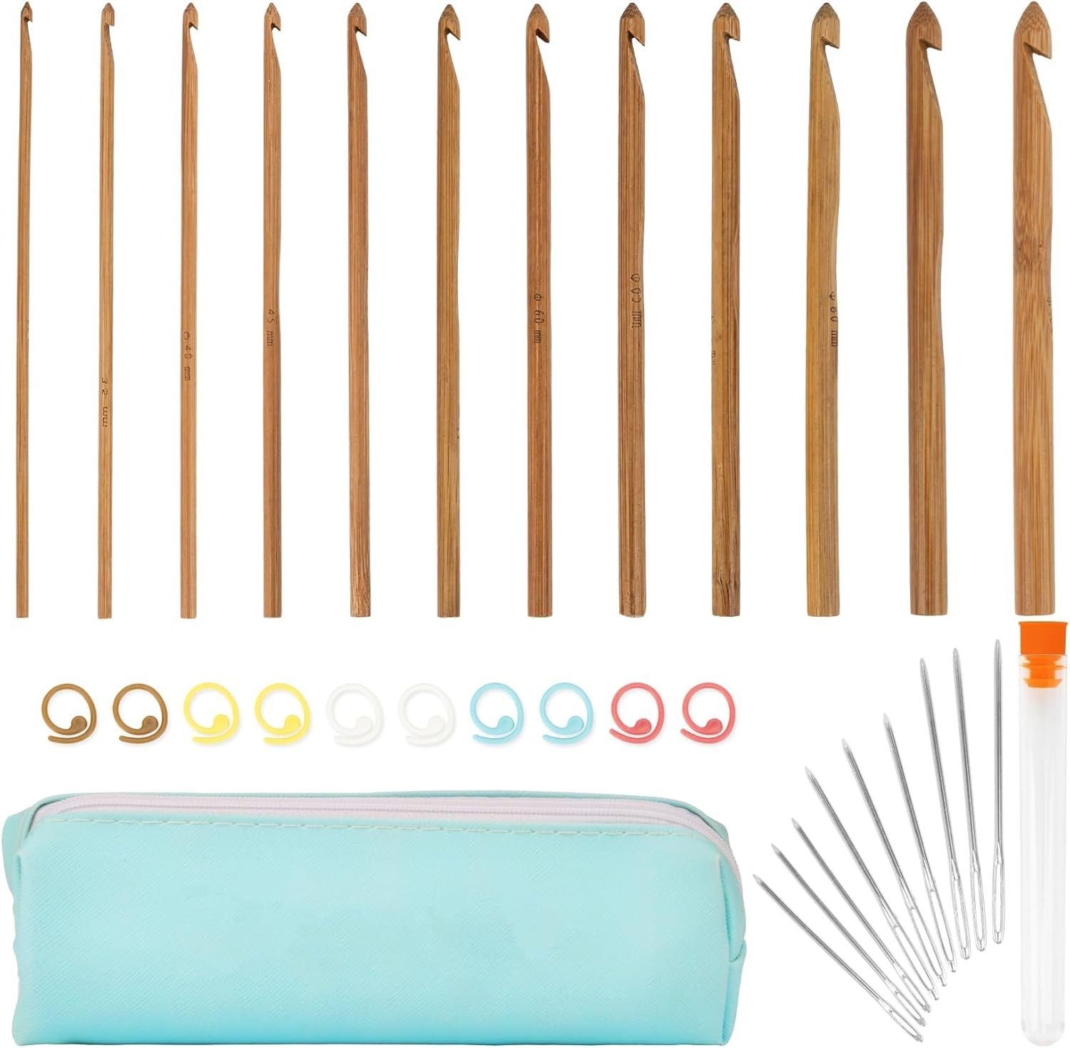 32 Pcs Bamboo Set - Crochet Hook Set Knitting Needles Kit,Including 12 Sizes ...