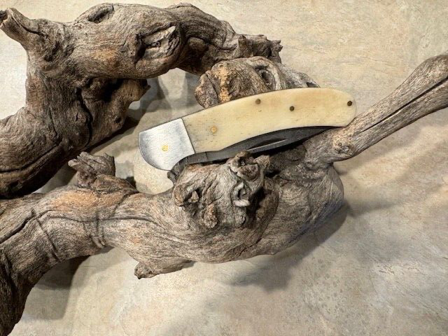 Big Damascus folding blade knife w/ White Bone handle