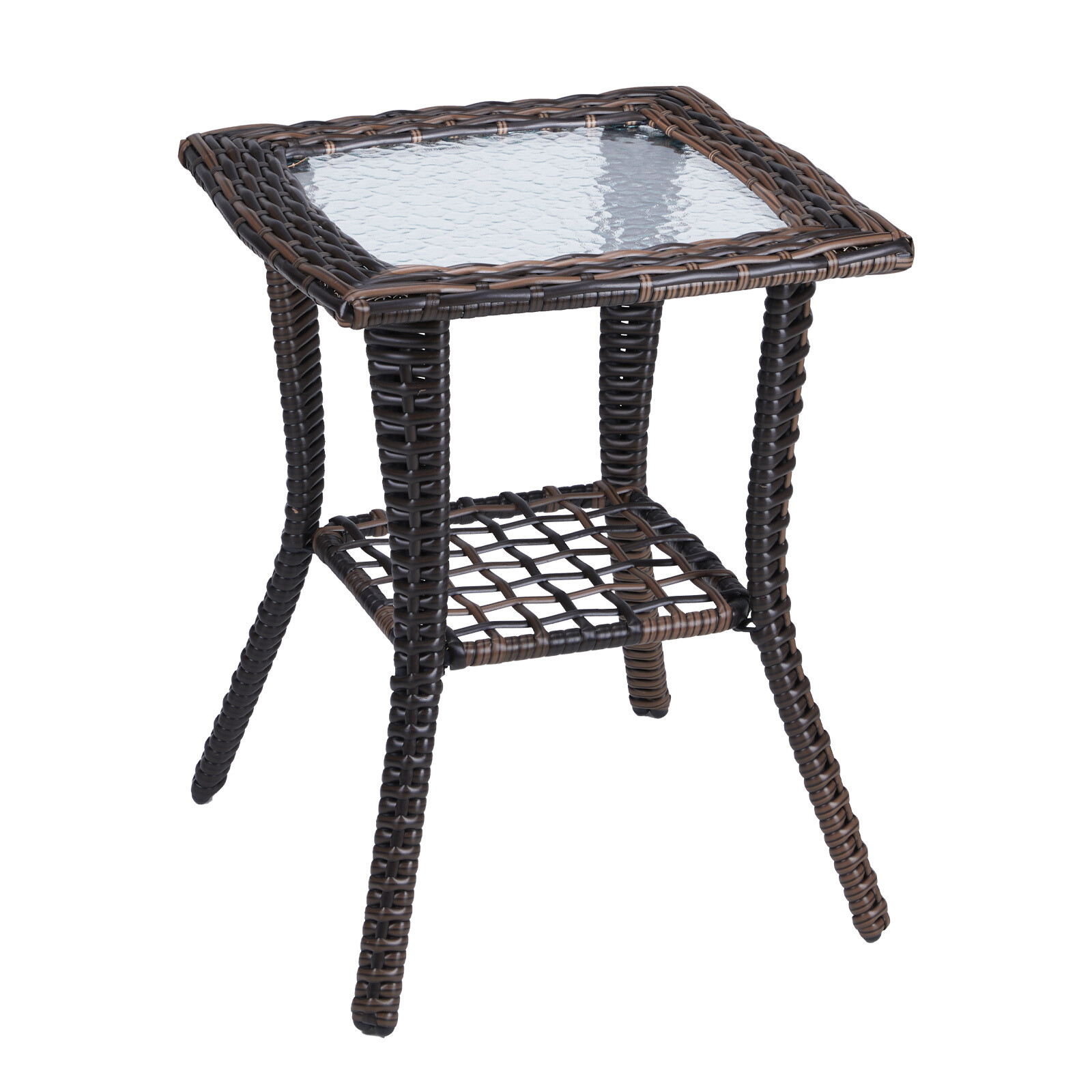 2-Tier Outdoor Wicker Glass Top Side Table with Storage Patio Accent Furniture