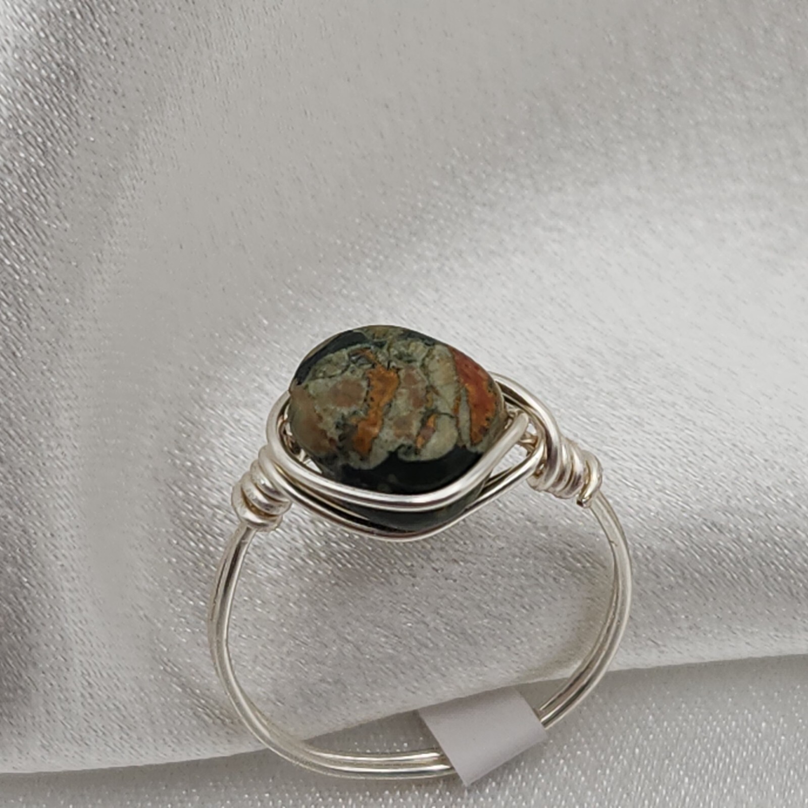 Wire Wrapped Moss Agate Stone Ring Size 8 - Rustic Handcrafted Minimal Jewelry