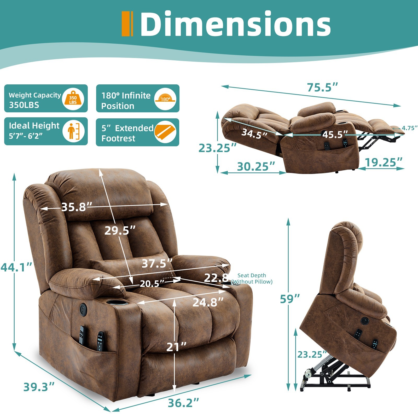 Oversized Dual Motor Power Lift Chair Lay Flat Lift Recliner with Massage & Heat