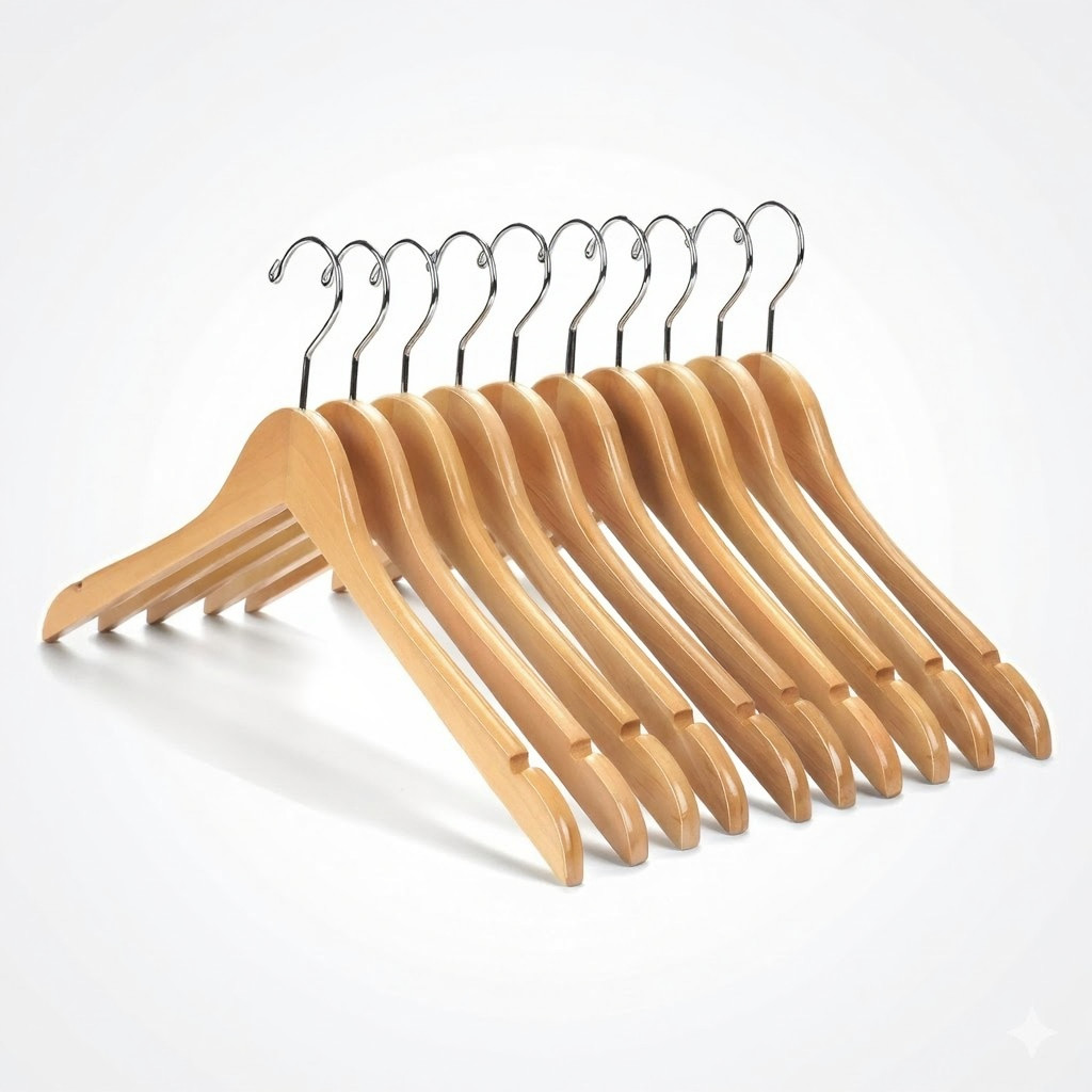 10 Pack Solid Wood Shirt Dress Hangers with Chrome Hook Natural Finish