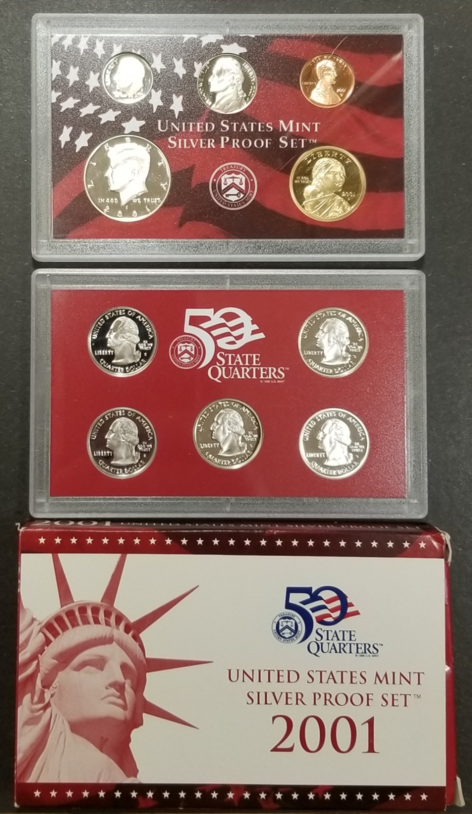 2001 U.S. Mint Silver Proof Set w/ State Quartes in Original Treasury Pack & COA