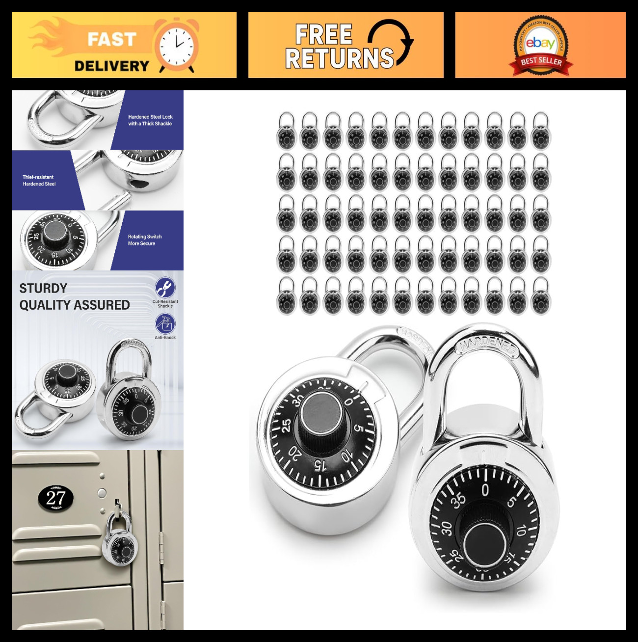 Mini Combination Padlocks 3-Dial Code, 60 Pack, Hardened Steel, Metal Alloy, Gym