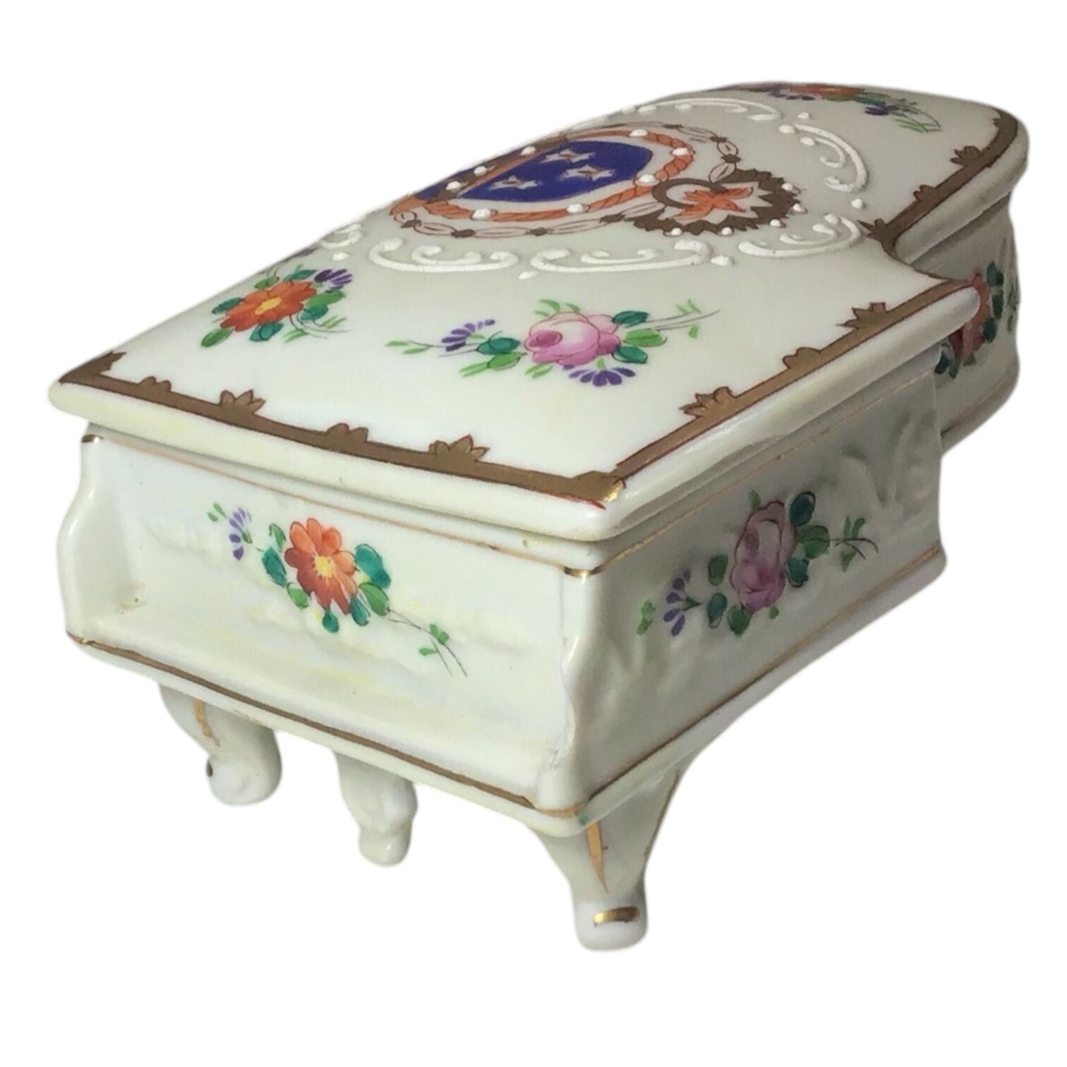 VTG Seiei & Co Made In Japan Porcelain Piano Trinket Box French Coat of Arms