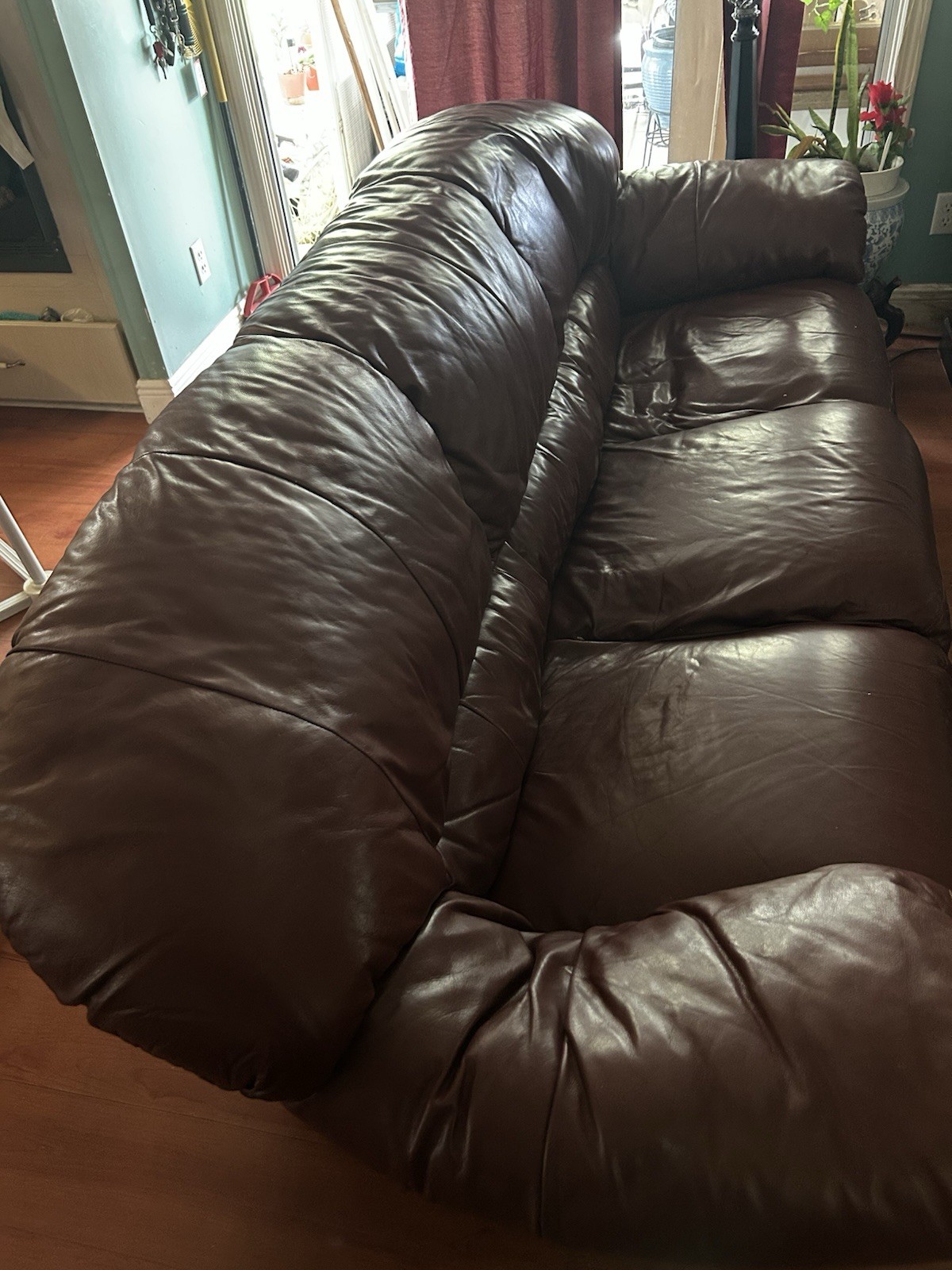 Large Brown Leather Sofa Couch Living Room