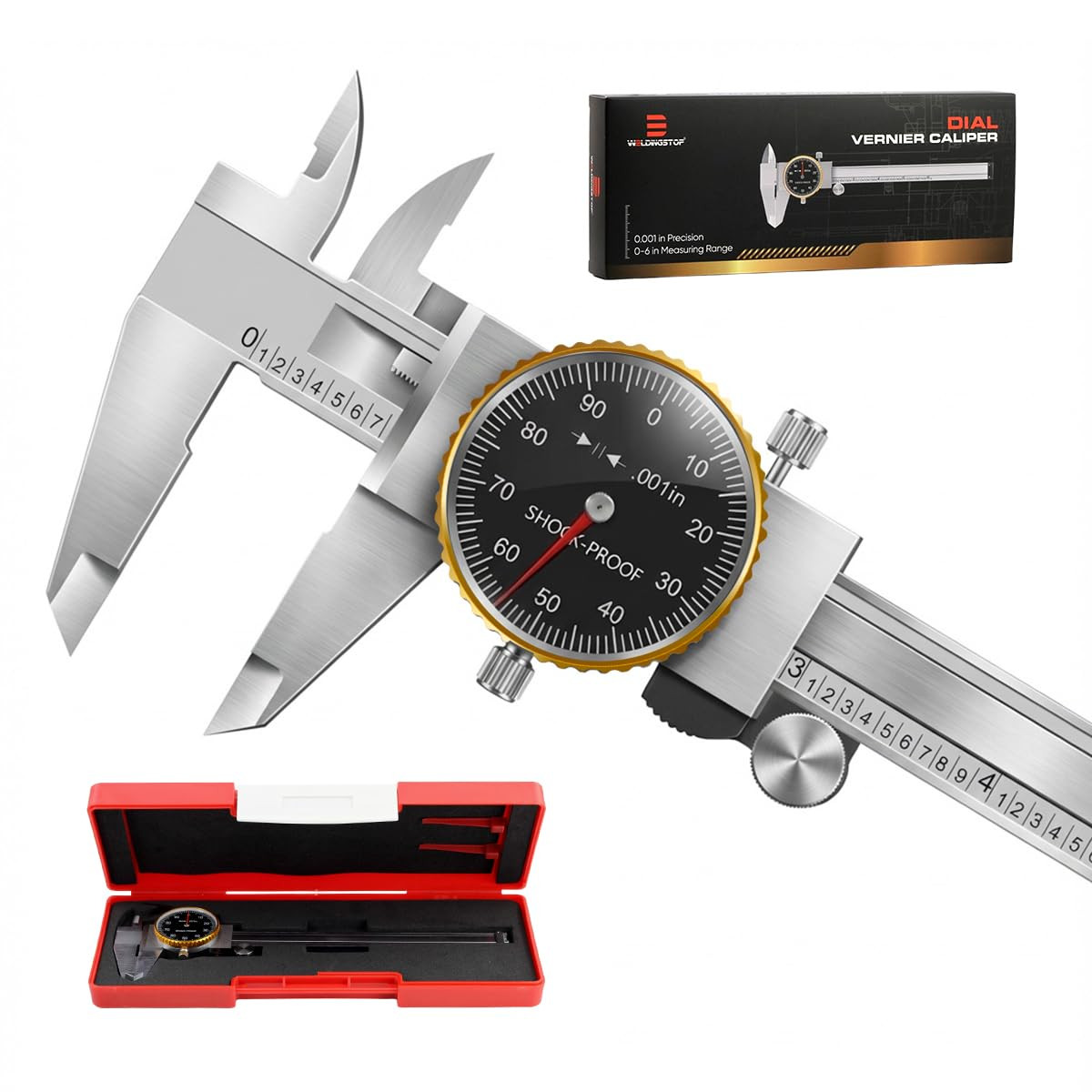 Precision 0-6" Dial Caliper Set with Protective Case - 0.001" Accuracy 4-Way Mea