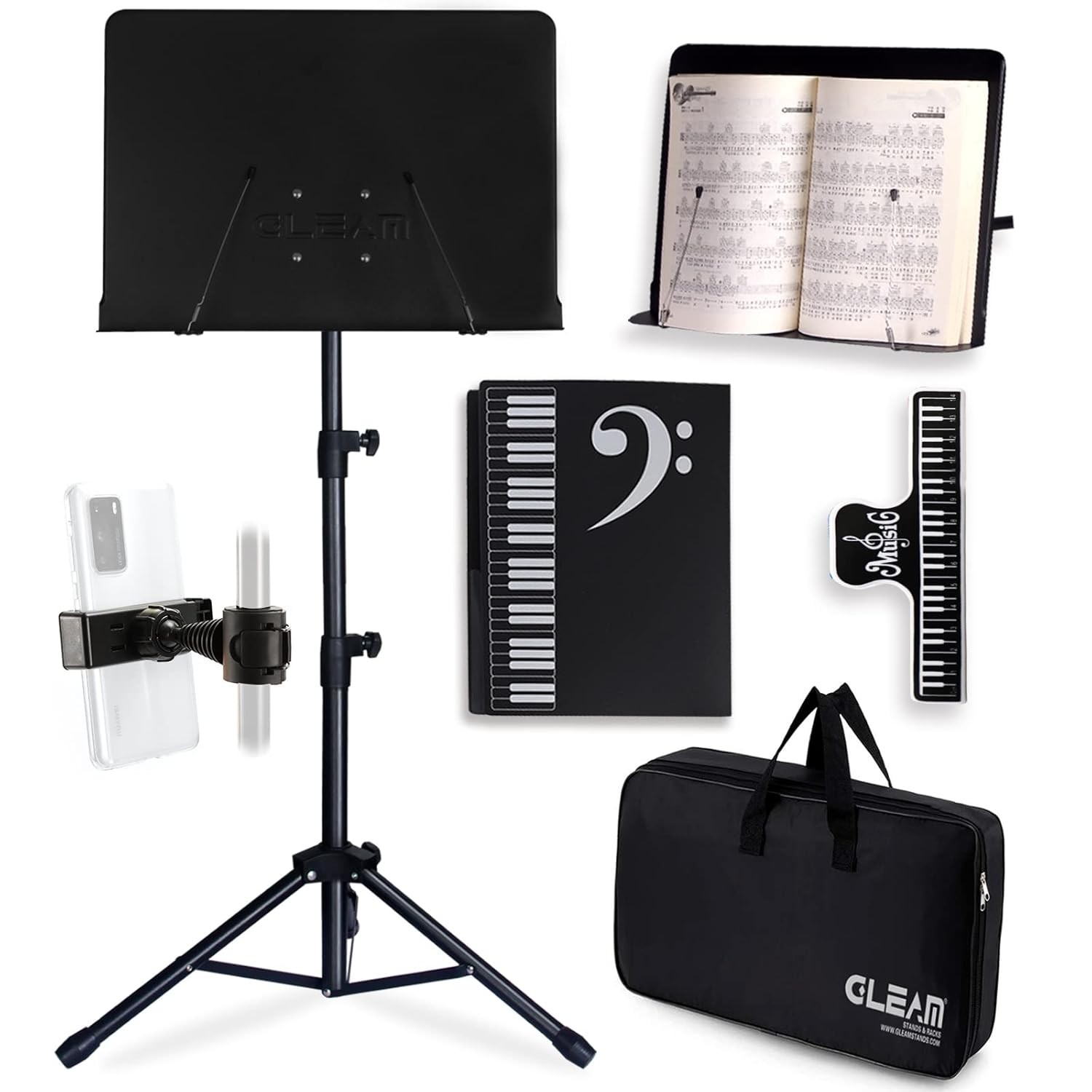 Full Metal Adjustable Sheet Music Stand with Carrying Bag Phone Holder Foldable