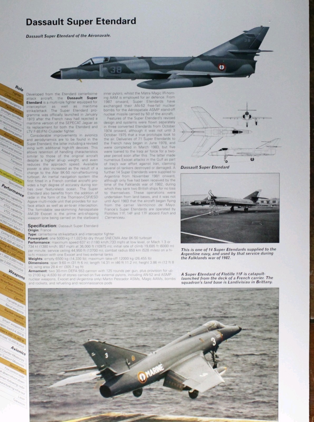 Dassault Etendard Picture Aircraft Vtg Info Sheet Wall Art Decor Display