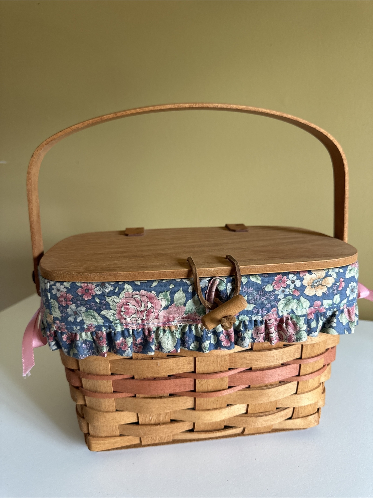 1991 Longaberger Purse Basket May Petunias Signed 1993 Cloth Liner Leather Hinge
