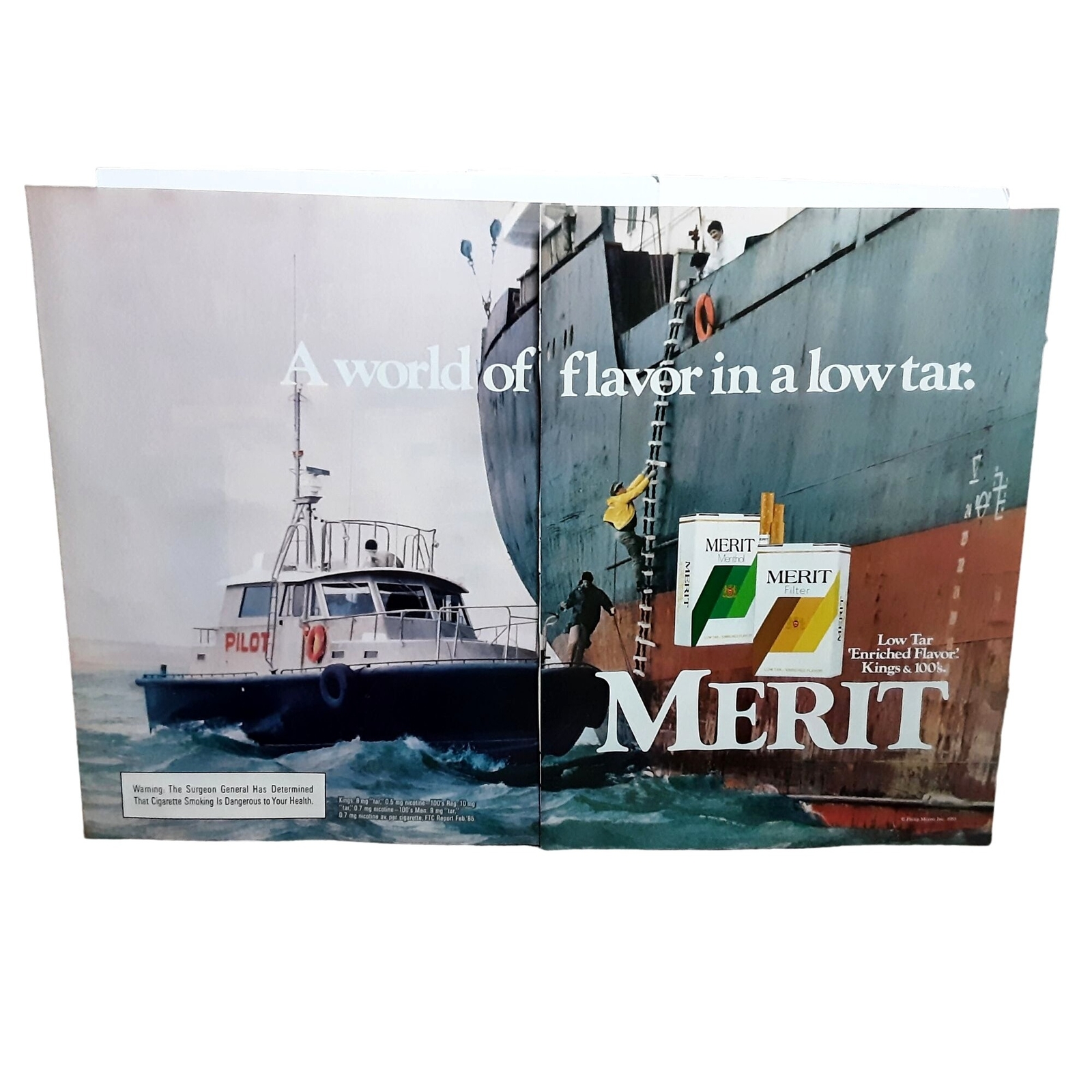 1985 Merit Cigarettes Tugboat and Ship 2 Page Original Print Ad