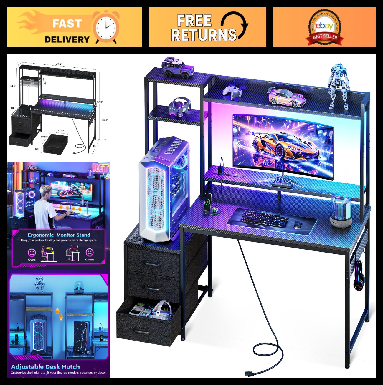 48" Gaming Desk with Shelves, Hutch & 3 Drawers | Reversible PC Desk w/ LED Ligh