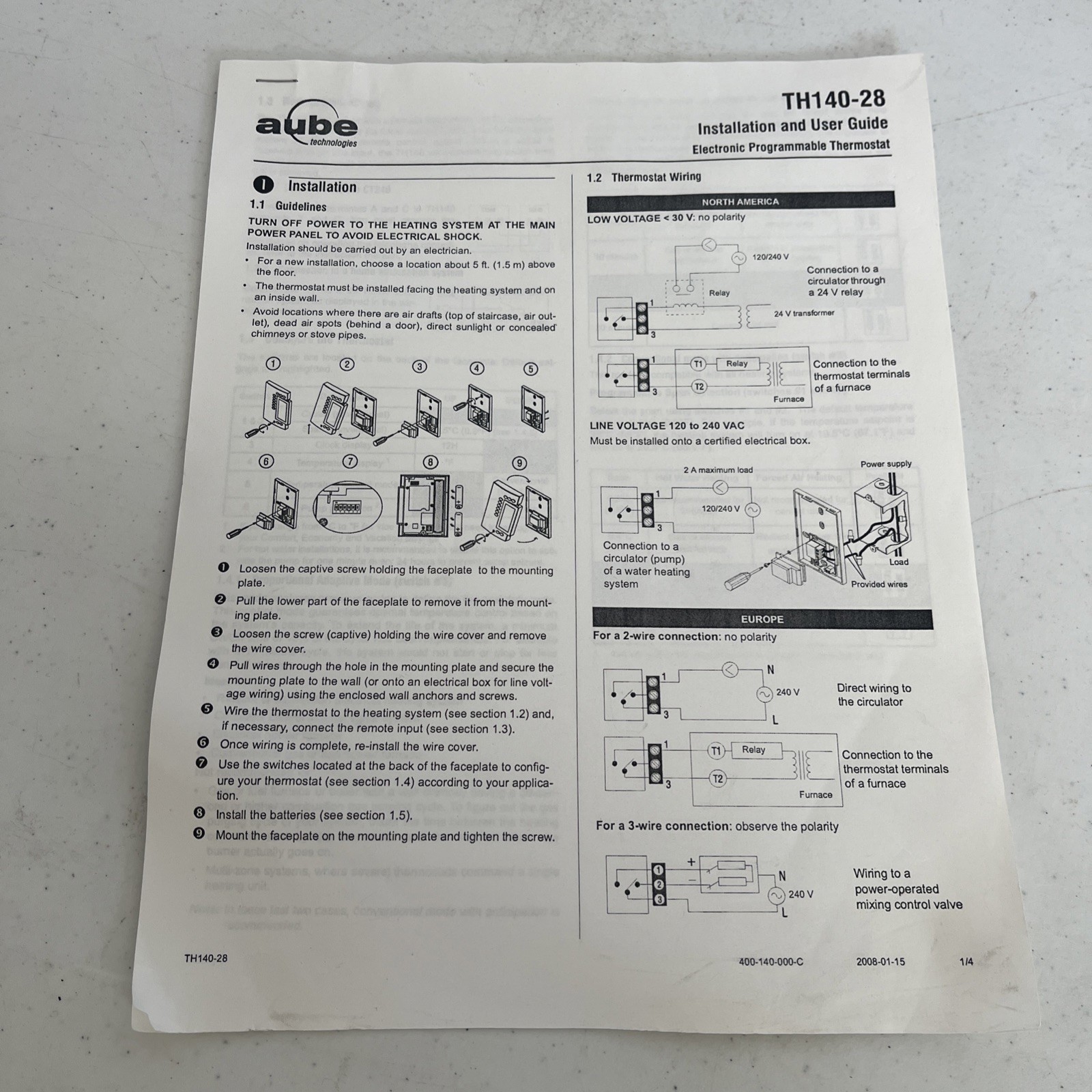 Aube Technologies TH140-28-B/U Thermostat For Heating And Cooling Untested