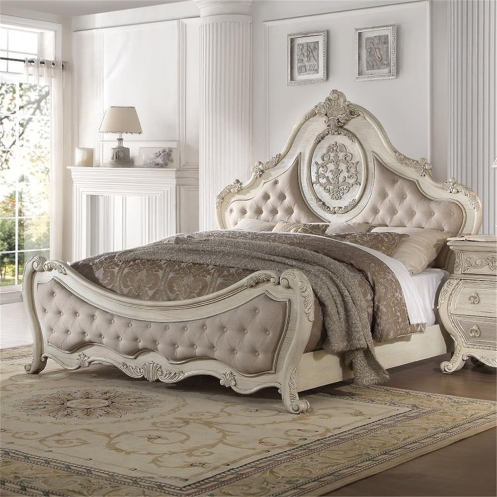 ACME Ragenardus Queen Bed in Beige Linen & Antique White