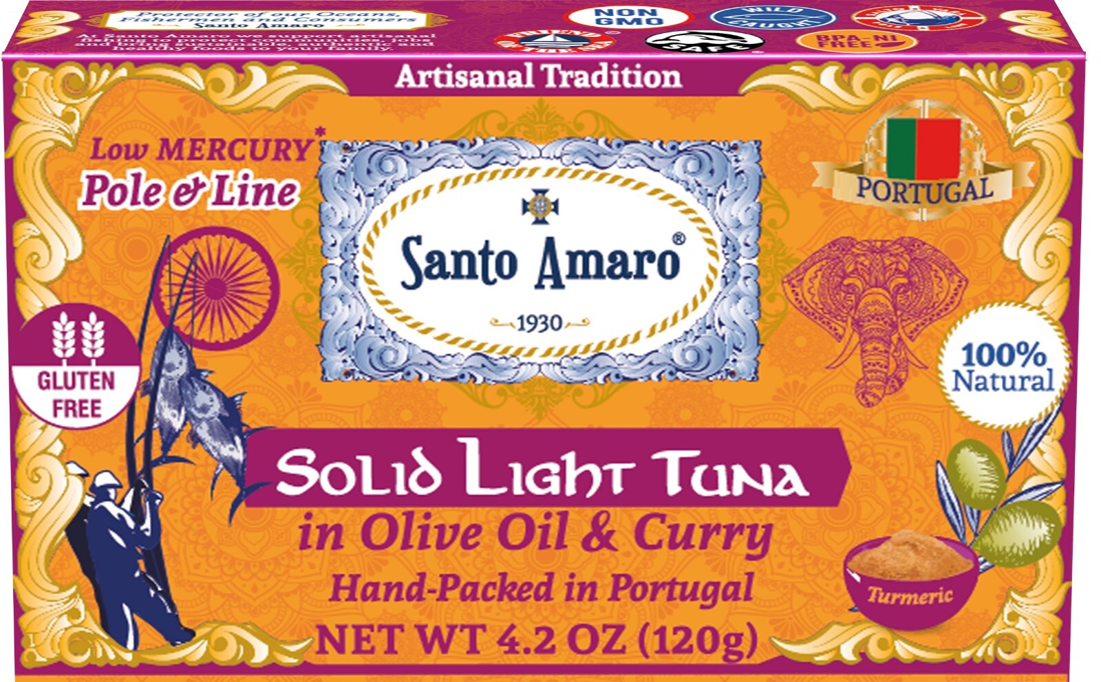 6 Pk: Santo Amaro Pole & Line Wild Tuna Fillets in Virgin Olive Oil - CURRY