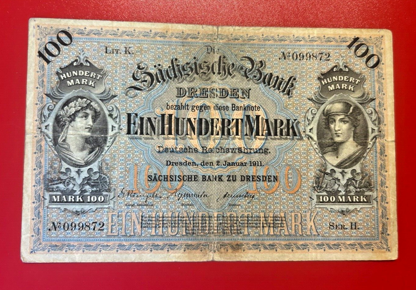 1911 GERMANY SACHSISCHE BANKN 100 MARK BANKNOTE - NICE WORLD CURRENCY !!!