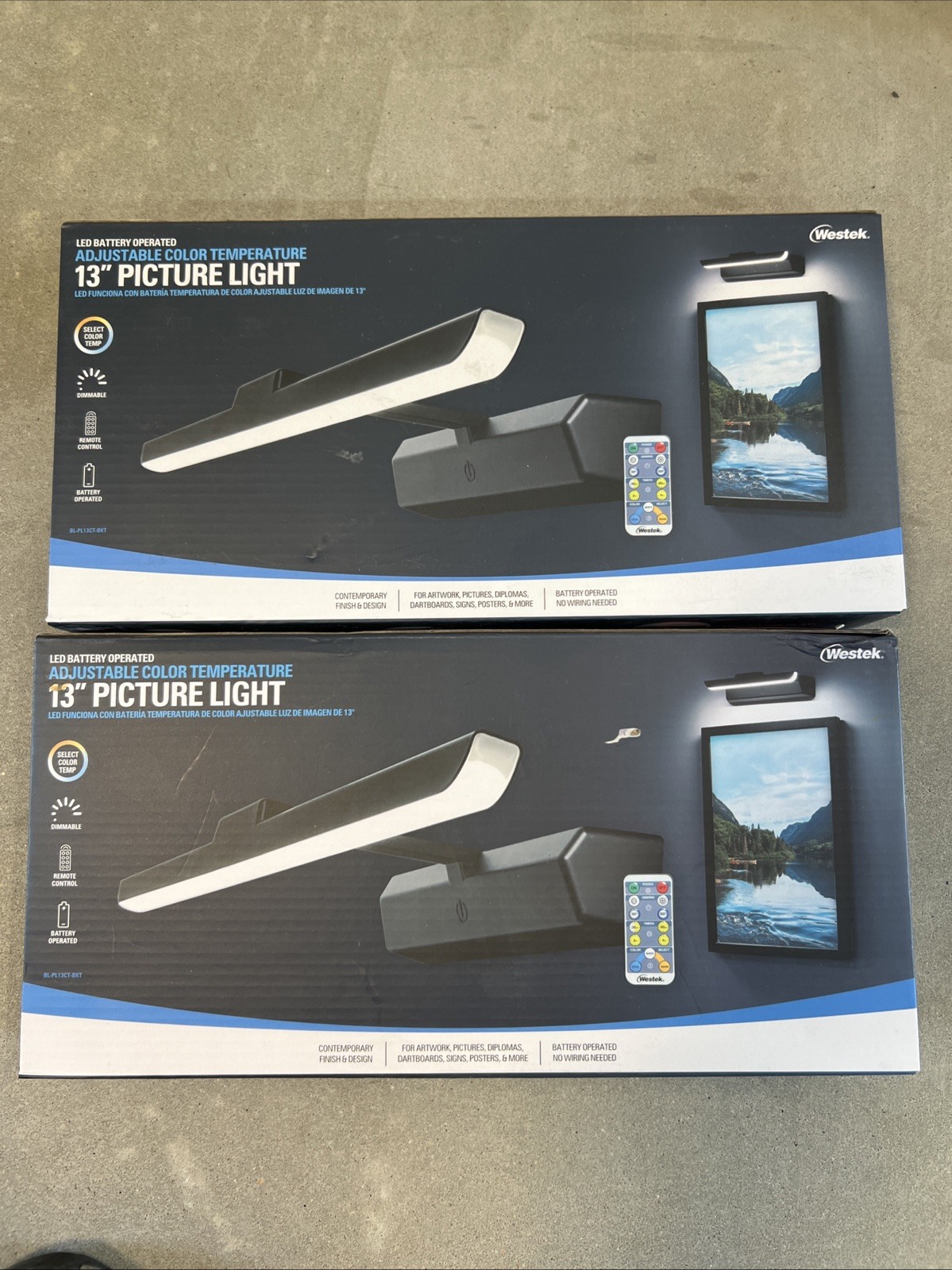 Qty 2 Westek Adjustable Picture Light with Remote 13" BL-PL13CT-BKT battery op.