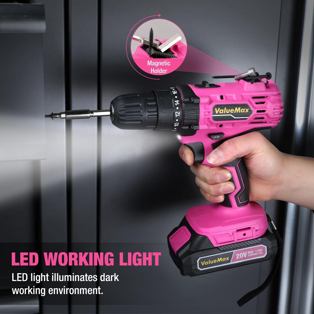 ValueMax Pink Cordless Drill Set 20V Lithium-ion Power LED Light Magnetic Holder