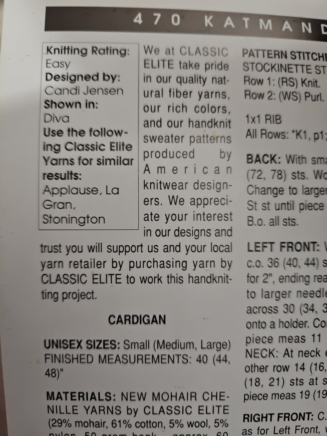 Classic Elite Knitting Pattern 470 Katmandu Nepal