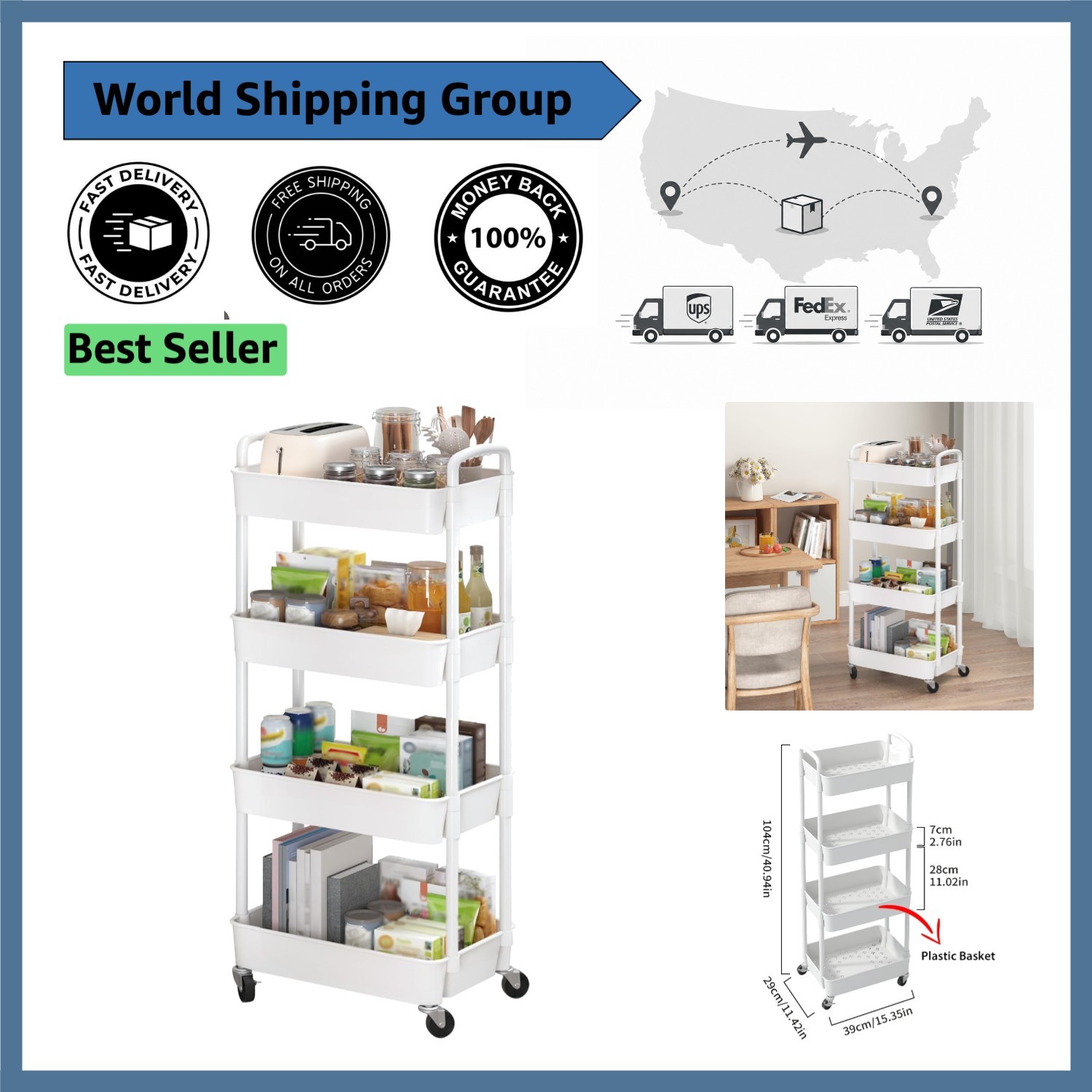 4-Tier Rolling Utility Cart with Wheels - Versatile White Storage Trolley