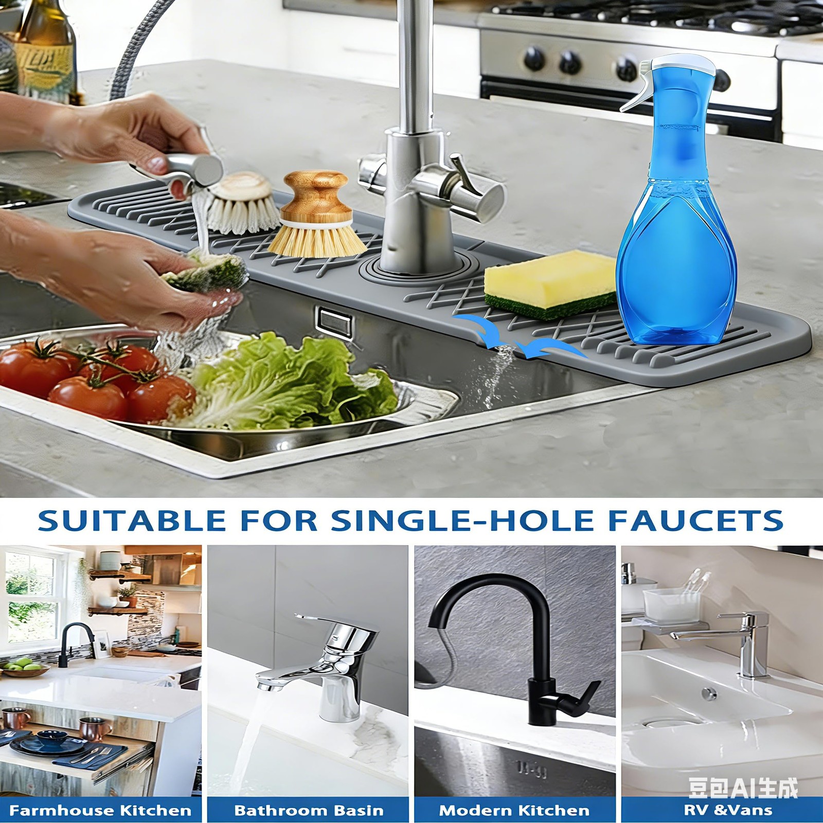 24 Inch Silicone Faucet Mat for Kitchen Sink, 7° Slope Fast Self-Draining Sin...